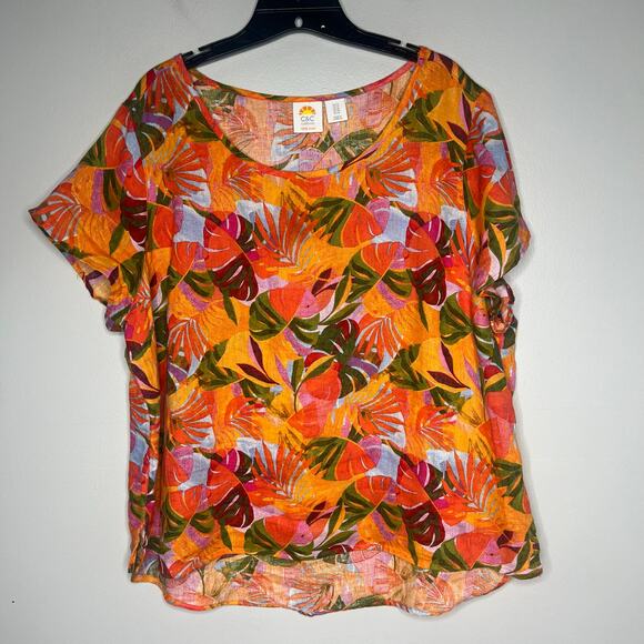 C&C California Leaf Print 100% Linen Tunic Size 1X Resort Beach Boho Relaxed - Picture 2 of 9